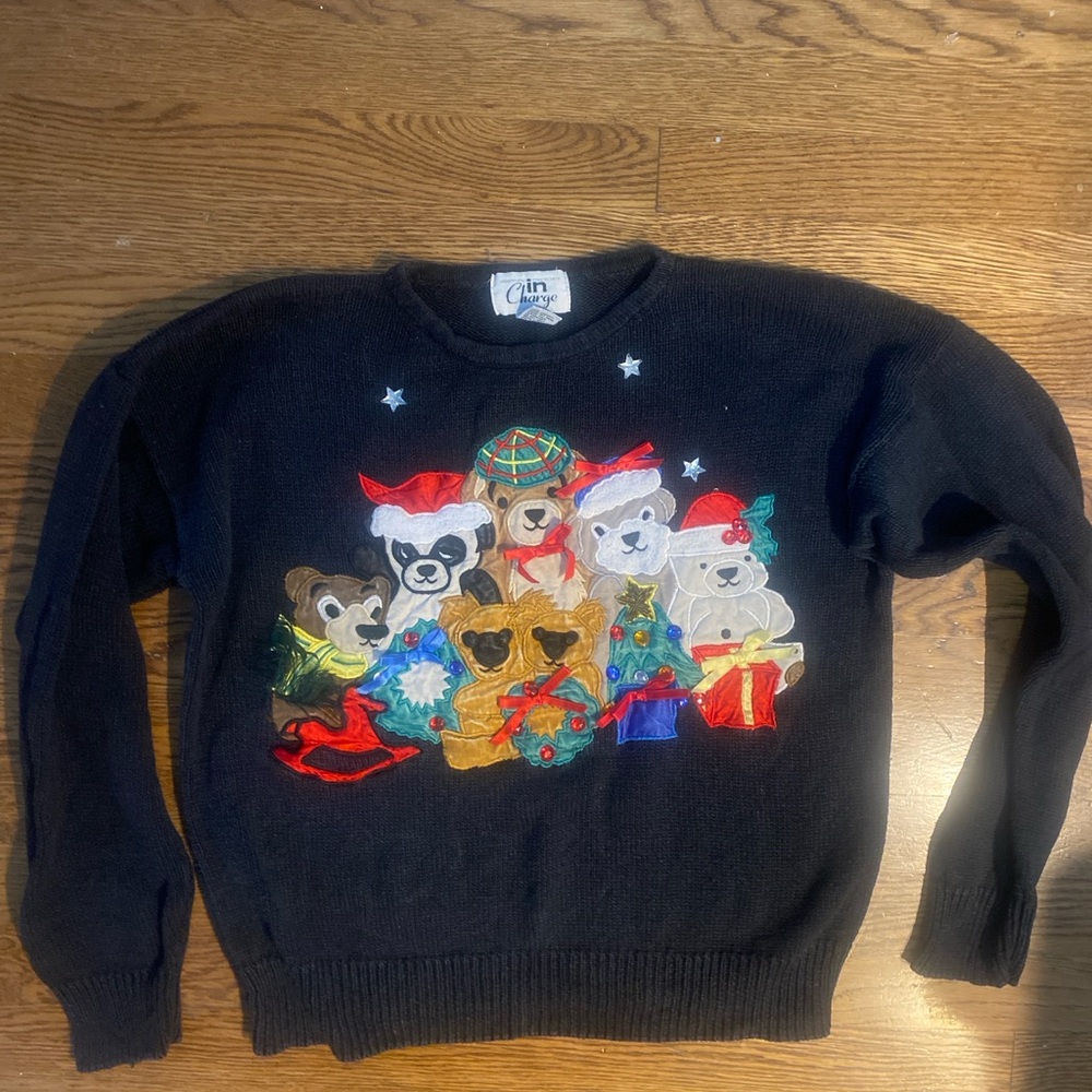 Vintage In Charge Teddy Bear Christmas Sweater Black Applique Embroidered L